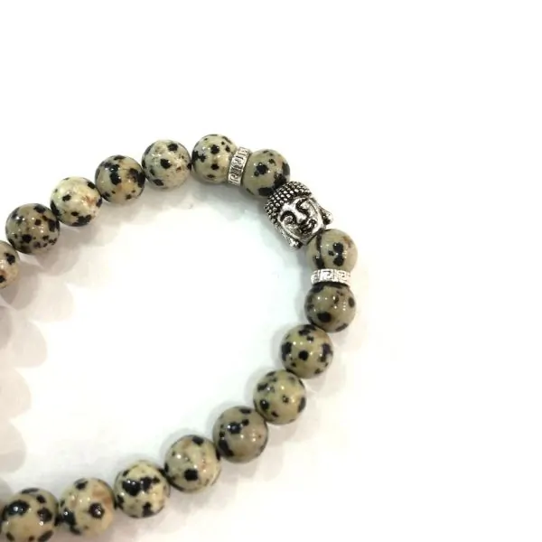 Bracelet Jaspe Dalmatien Perles rondes 8 mm Pompon et Lotus | Bracelets en Pierres | Dans les yeux de Gaïa