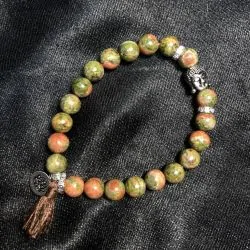 Bracelet Unakite Perles rondes 8 mm Pompon et Lotus | Bracelets en Pierres | Dans les yeux de Gaïa