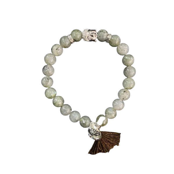 Bracelet Labradorite Perles rondes 8 mm Pompon et Lotus | Bracelets en Pierres | Dans les yeux de Gaïa