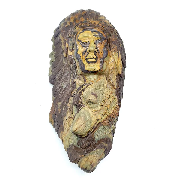 Sculpture d'Indien et Loup en Jaspe Paysage | Minéraux de collection | Dans les yeux de Gaïa