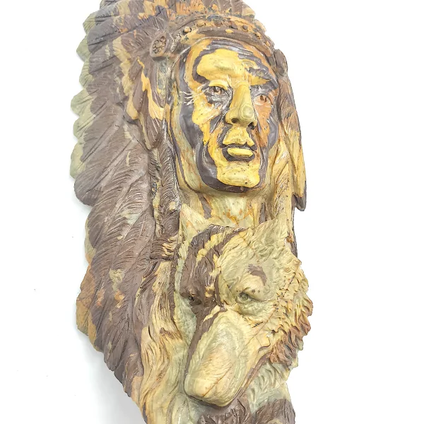 Sculpture d'Indien et Loup en Jaspe Paysage | Minéraux de collection | Dans les yeux de Gaïa