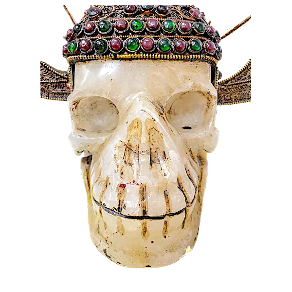 Crâne népalais en Cristal de Roche de l'Himalaya avec Dakini en bronze zoom| Dans les Yeux de Gaïa