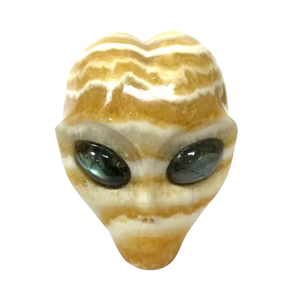 Crâne d'alien en calcite jaune | Dans les Yeux de Gaïa