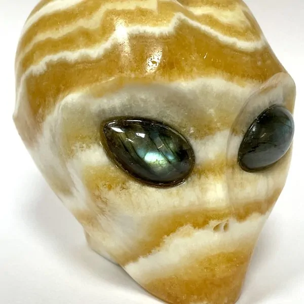 Crâne d'alien en calcite jaune détails| Dans les Yeux de Gaïa