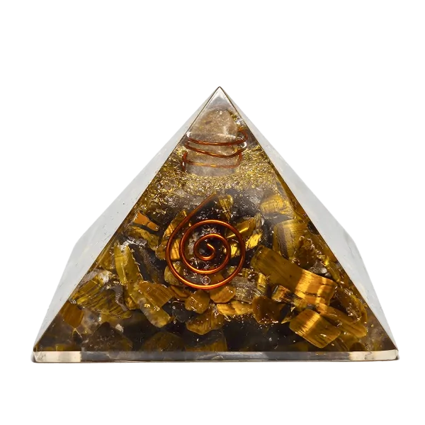 Pyramide Orgonite en Oeil de Tigre et spirale - Condensateur| Dans les Yeux de Gaïa