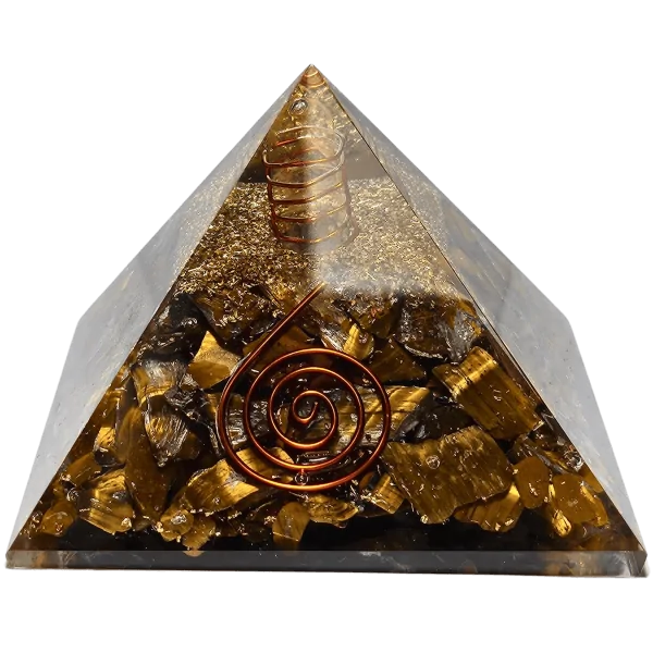 Pyramide Orgonite en Oeil de Tigre et spirale Grand Modèle - Condensateur| Dans les Yeux de Gaïa